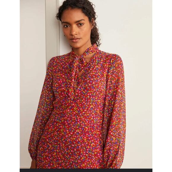 Boden Imogen Floral Tie Neck Long Sleeve Peasant Dress Red Size 4R - Picture 2 of 10
